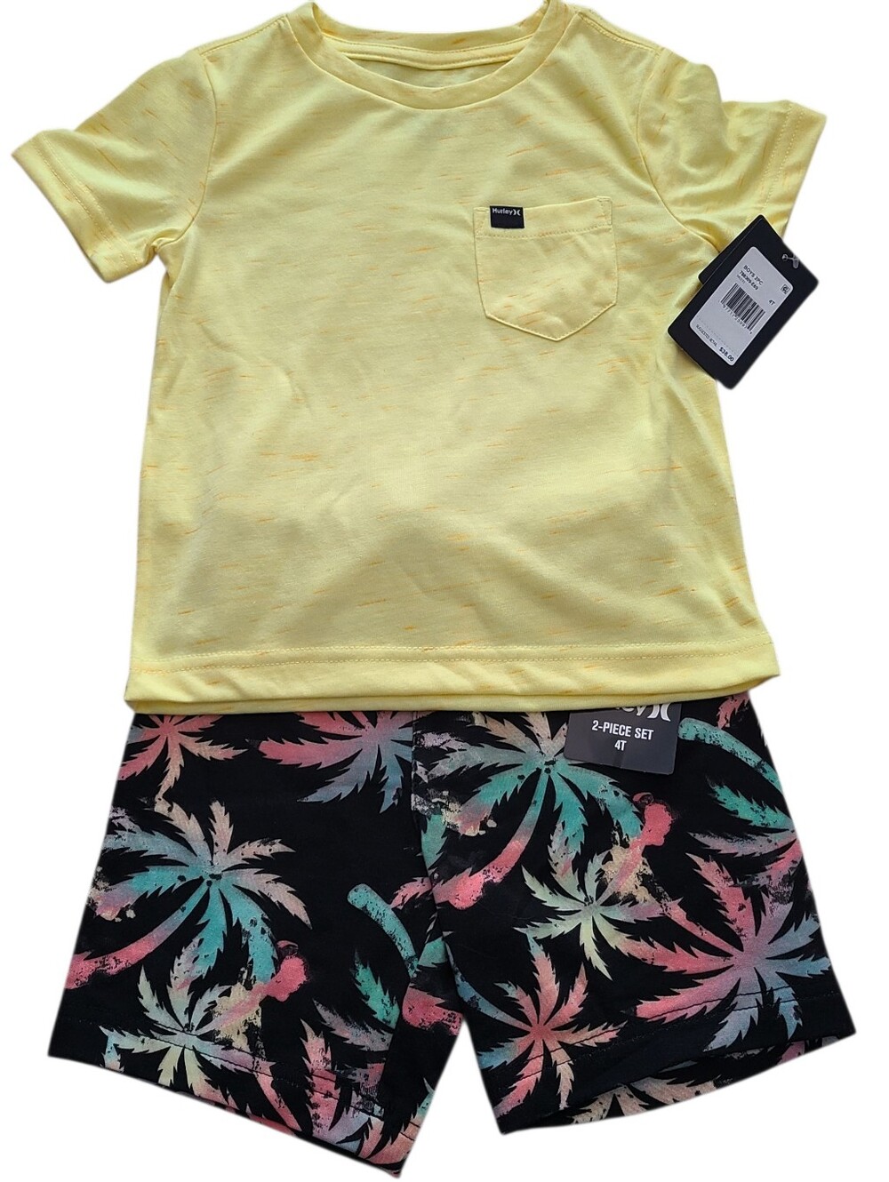 4T Hurley Kids Yellow Pocket Tee with Black Tropical Palm Shorts Set